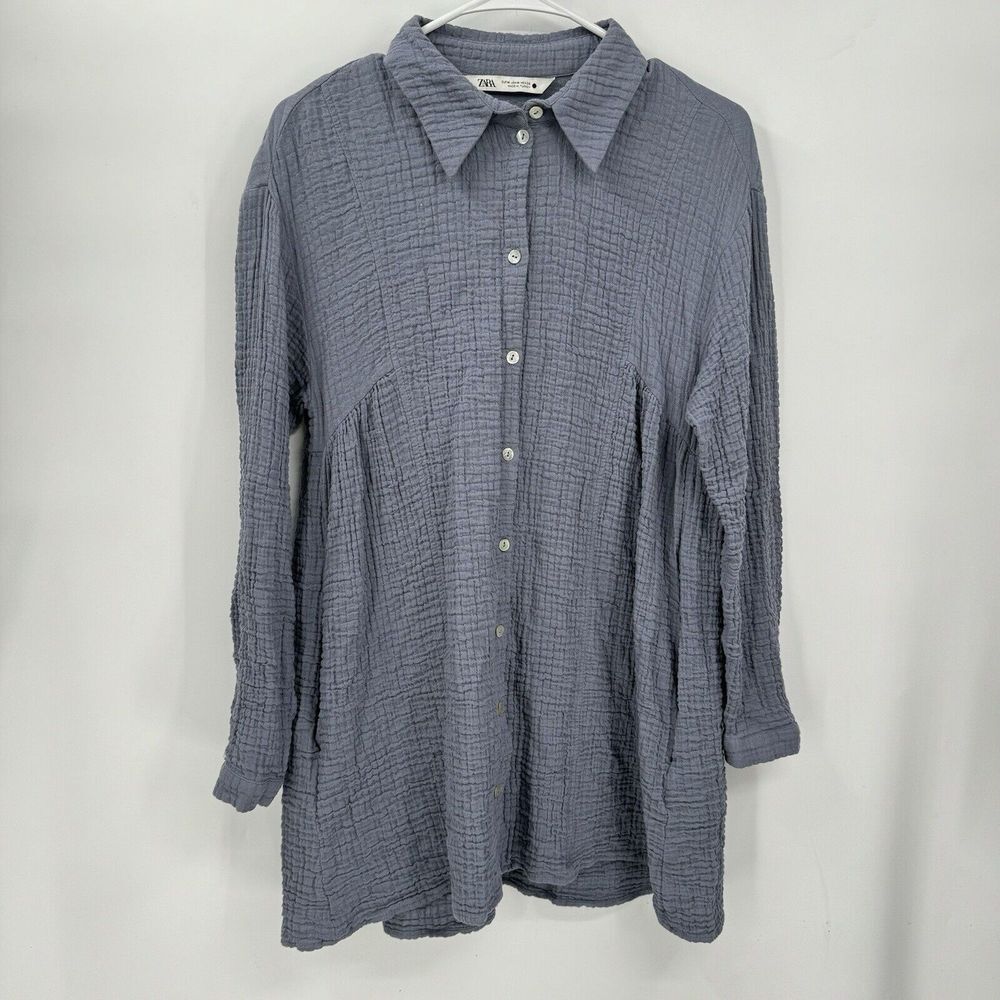 Zaraβ Medium Tunic Women Slate Blue Textured Cotton Gauze Button Front Pocket